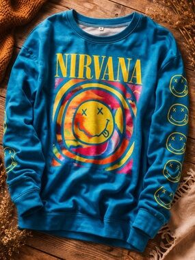 NIRVANA Teal Blue Tie-Dye Smiley Crewneck Sweatshirt